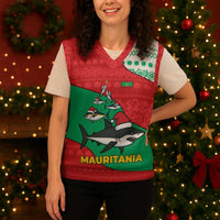 Mauritania Christmas Knitted V-Neck Vest with Santa Sharks Festive Fish Pattern and Red Green Holiday Design - Wonder Print Shop