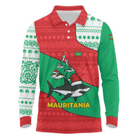Mauritania Christmas Long Sleeve Polo Shirt with Santa Sharks Festive Fish Pattern and Red Green Holiday Design - Wonder Print Shop