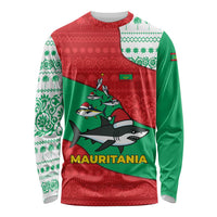 Mauritania Christmas Long Sleeve Shirt with Santa Sharks Festive Fish Pattern and Red Green Holiday Design - Wonder Print Shop