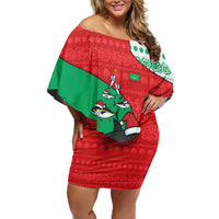 Mauritania Christmas Off Shoulder Short Dress with Santa Sharks Festive Fish Pattern and Red Green Holiday Design - Wonder Print Shop
