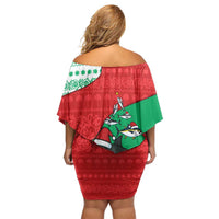 Mauritania Christmas Off Shoulder Short Dress with Santa Sharks Festive Fish Pattern and Red Green Holiday Design - Wonder Print Shop