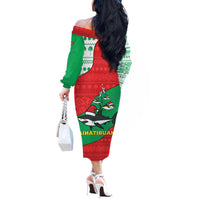 Mauritania Christmas Off The Shoulder Long Sleeve Dress with Santa Sharks Festive Fish Pattern and Red Green Holiday Design - Wonder Print Shop