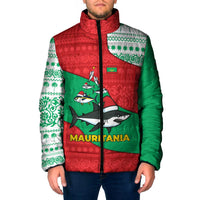 Mauritania Christmas Padded Jacket with Santa Sharks Festive Fish Pattern and Red Green Holiday Design - Wonder Print Shop