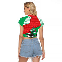 Mauritania Christmas Raglan Cropped T Shirt with Santa Sharks Festive Fish Pattern and Red Green Holiday Design - Wonder Print Shop