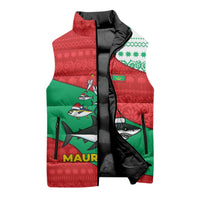 Mauritania Christmas Sleeveless Puffer Jacket with Santa Sharks Festive Fish Pattern and Red Green Holiday Design - Wonder Print Shop