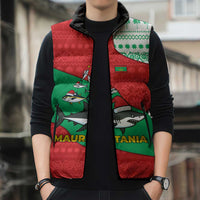 Mauritania Christmas Sleeveless Puffer Jacket with Santa Sharks Festive Fish Pattern and Red Green Holiday Design - Wonder Print Shop