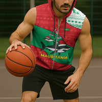 Mauritania Christmas Sleeveless Zip Hoodie with Santa Sharks Festive Fish Pattern and Red Green Holiday Design - Wonder Print Shop