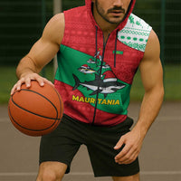 Mauritania Christmas Sleeveless Zip Hoodie with Santa Sharks Festive Fish Pattern and Red Green Holiday Design - Wonder Print Shop