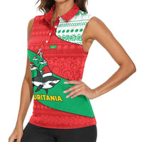 Mauritania Christmas Women Sleeveless Polo Shirt with Santa Sharks Festive Fish Pattern and Red Green Holiday Design - Wonder Print Shop