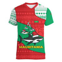 Mauritania Christmas Women V-Neck T-Shirt with Santa Sharks Festive Fish Pattern and Red Green Holiday Design - Wonder Print Shop