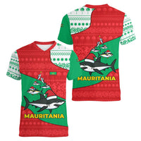 Mauritania Christmas Women V-Neck T-Shirt with Santa Sharks Festive Fish Pattern and Red Green Holiday Design - Wonder Print Shop