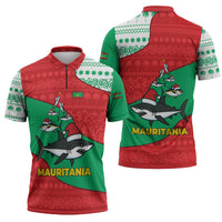 Mauritania Christmas Zipper Polo Shirt with Santa Sharks Festive Fish Pattern and Red Green Holiday Design - Wonder Print Shop