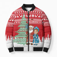 Belarus Christmas Bomber Puffer Jacket with Ded Moroz Snow Maiden Christmas Tree and Nordic Pattern Design - Wonder Print Shop