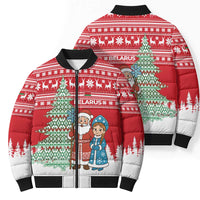 Belarus Christmas Bomber Puffer Jacket with Ded Moroz Snow Maiden Christmas Tree and Nordic Pattern Design - Wonder Print Shop