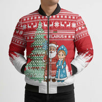 Belarus Christmas Bomber Puffer Jacket with Ded Moroz Snow Maiden Christmas Tree and Nordic Pattern Design - Wonder Print Shop