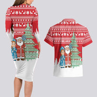 Belarus Christmas Couples Matching Long Sleeve Bodycon Dress and Hawaiian Shirt with Ded Moroz Snow Maiden Christmas Tree and Nordic Pattern Design - Wonder Print Shop