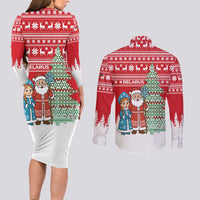 Belarus Christmas Couples Matching Long Sleeve Bodycon Dress and Long Sleeve Button Shirt with Ded Moroz Snow Maiden Christmas Tree and Nordic Pattern Design - Wonder Print Shop