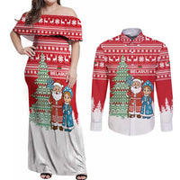 Belarus Christmas Couples Matching Off Shoulder Maxi Dress and Long Sleeve Button Shirt with Ded Moroz Snow Maiden Christmas Tree and Nordic Pattern Design - Wonder Print Shop