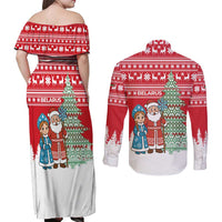 Belarus Christmas Couples Matching Off Shoulder Maxi Dress and Long Sleeve Button Shirt with Ded Moroz Snow Maiden Christmas Tree and Nordic Pattern Design - Wonder Print Shop