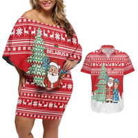 Belarus Christmas Couples Matching Off Shoulder Short Dress and Hawaiian Shirt with Ded Moroz Snow Maiden Christmas Tree and Nordic Pattern Design - Wonder Print Shop