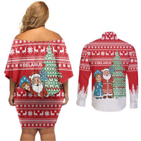 Belarus Christmas Couples Matching Off Shoulder Short Dress and Long Sleeve Button Shirt with Ded Moroz Snow Maiden Christmas Tree and Nordic Pattern Design - Wonder Print Shop