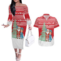 Belarus Christmas Couples Matching Off The Shoulder Long Sleeve Dress and Hawaiian Shirt with Ded Moroz Snow Maiden Christmas Tree and Nordic Pattern Design - Wonder Print Shop