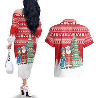 Belarus Christmas Couples Matching Off The Shoulder Long Sleeve Dress and Hawaiian Shirt with Ded Moroz Snow Maiden Christmas Tree and Nordic Pattern Design - Wonder Print Shop
