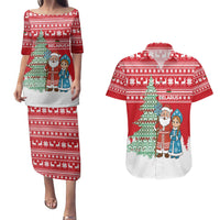 Belarus Christmas Couples Matching Puletasi and Hawaiian Shirt with Ded Moroz Snow Maiden Christmas Tree and Nordic Pattern Design - Wonder Print Shop
