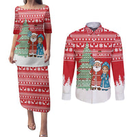 Belarus Christmas Couples Matching Puletasi and Long Sleeve Button Shirt with Ded Moroz Snow Maiden Christmas Tree and Nordic Pattern Design - Wonder Print Shop