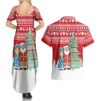 Belarus Christmas Couples Matching Summer Maxi Dress and Hawaiian Shirt with Ded Moroz Snow Maiden Christmas Tree and Nordic Pattern Design - Wonder Print Shop