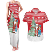 Belarus Christmas Couples Matching Tank Maxi Dress and Hawaiian Shirt with Ded Moroz Snow Maiden Christmas Tree and Nordic Pattern Design - Wonder Print Shop