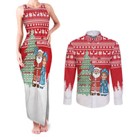 Belarus Christmas Couples Matching Tank Maxi Dress and Long Sleeve Button Shirt with Ded Moroz Snow Maiden Christmas Tree and Nordic Pattern Design - Wonder Print Shop