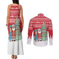Belarus Christmas Couples Matching Tank Maxi Dress and Long Sleeve Button Shirt with Ded Moroz Snow Maiden Christmas Tree and Nordic Pattern Design - Wonder Print Shop