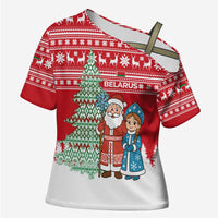 Belarus Christmas Cross Shoulder Shirt with Ded Moroz Snow Maiden Christmas Tree and Nordic Pattern Design - Wonder Print Shop