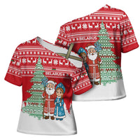 Belarus Christmas Cross Shoulder Shirt with Ded Moroz Snow Maiden Christmas Tree and Nordic Pattern Design - Wonder Print Shop