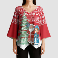 Belarus Christmas Kimono Sleeve Blouse with Ded Moroz Snow Maiden Christmas Tree and Nordic Pattern Design - Wonder Print Shop