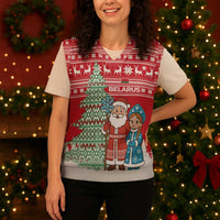 Belarus Christmas Knitted V-Neck Vest with Ded Moroz Snow Maiden Christmas Tree and Nordic Pattern Design - Wonder Print Shop