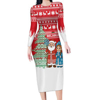 Belarus Christmas Long Sleeve Bodycon Dress with Ded Moroz Snow Maiden Christmas Tree and Nordic Pattern Design - Wonder Print Shop