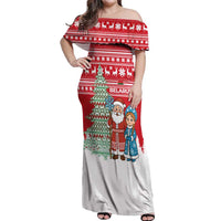 Belarus Christmas Off Shoulder Maxi Dress with Ded Moroz Snow Maiden Christmas Tree and Nordic Pattern Design - Wonder Print Shop