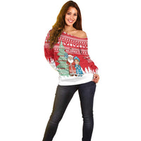 Belarus Christmas Off Shoulder Sweater with Ded Moroz Snow Maiden Christmas Tree and Nordic Pattern Design - Wonder Print Shop