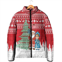 Belarus Christmas Padded Jacket with Ded Moroz Snow Maiden Christmas Tree and Nordic Pattern Design - Wonder Print Shop