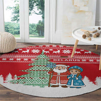 Belarus Christmas Round Carpet with Ded Moroz Snow Maiden Christmas Tree and Nordic Pattern Design - Wonder Print Shop