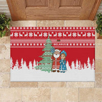Belarus Christmas Rubber Doormat with Ded Moroz Snow Maiden Christmas Tree and Nordic Pattern Design - Wonder Print Shop