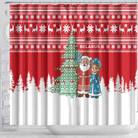 Belarus Christmas Shower Curtain with Ded Moroz Snow Maiden Christmas Tree and Nordic Pattern Design - Wonder Print Shop