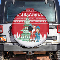 Belarus Christmas Spare Tire Cover with Ded Moroz Snow Maiden Christmas Tree and Nordic Pattern Design - Wonder Print Shop