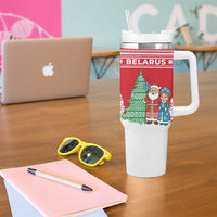 Belarus Christmas Tumbler With Handle with Ded Moroz Snow Maiden Christmas Tree and Nordic Pattern Design - Wonder Print Shop