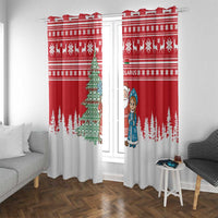 Belarus Christmas Window Curtain with Ded Moroz Snow Maiden Christmas Tree and Nordic Pattern Design - Wonder Print Shop