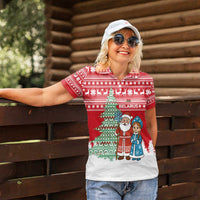 Belarus Christmas Women Polo Shirt with Ded Moroz Snow Maiden Christmas Tree and Nordic Pattern Design - Wonder Print Shop