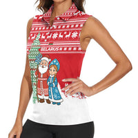 Belarus Christmas Women Sleeveless Polo Shirt with Ded Moroz Snow Maiden Christmas Tree and Nordic Pattern Design - Wonder Print Shop
