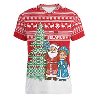 Belarus Christmas Women V-Neck T-Shirt with Ded Moroz Snow Maiden Christmas Tree and Nordic Pattern Design - Wonder Print Shop